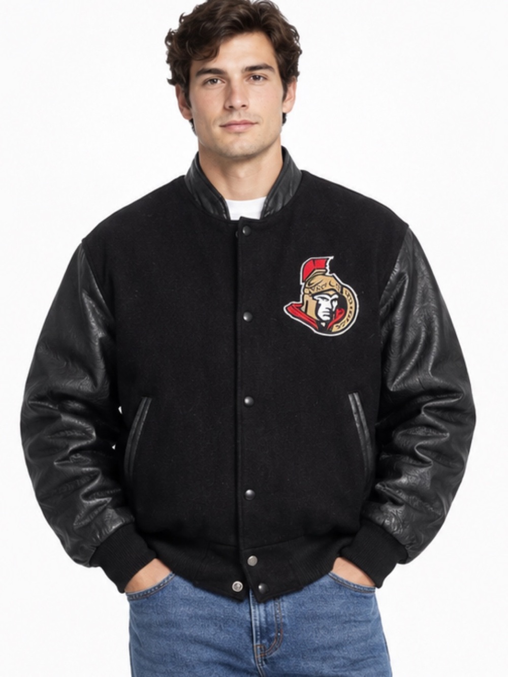 Ottawa Senators Black Varsity Bomber Jacket with Team Crest wool and leather